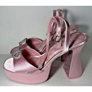 Barbie x ALDO Pink Satin Rhinestone Heart Platform Heels Women’s Size 8.5 - Used